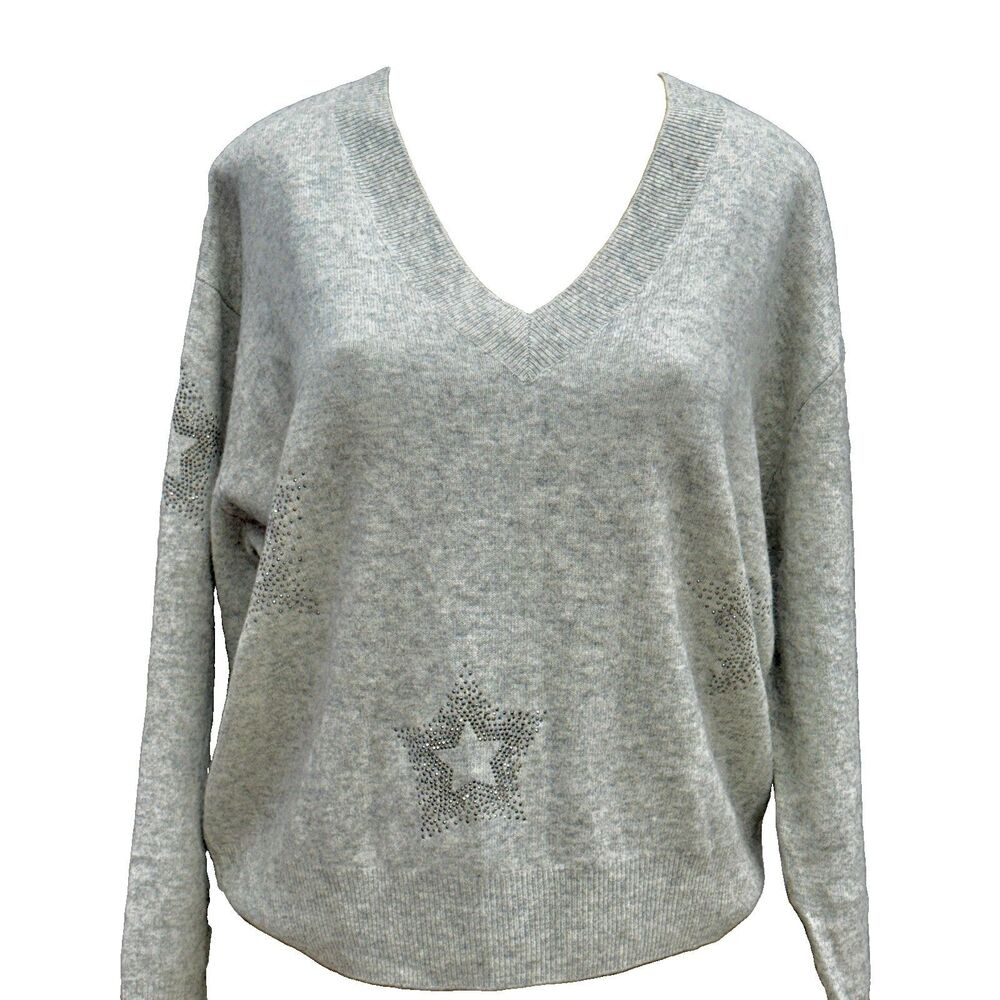 Brodie Pure Cashmere Gray Star V-Neck Sweater L silver Rhinestone (Unworn Read)
